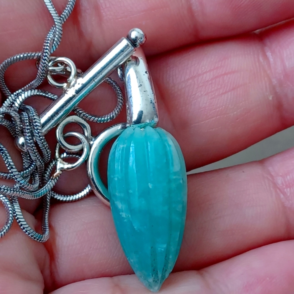 925 Sterling Silver and Amazonite Stone Carved  Pendant Necklace